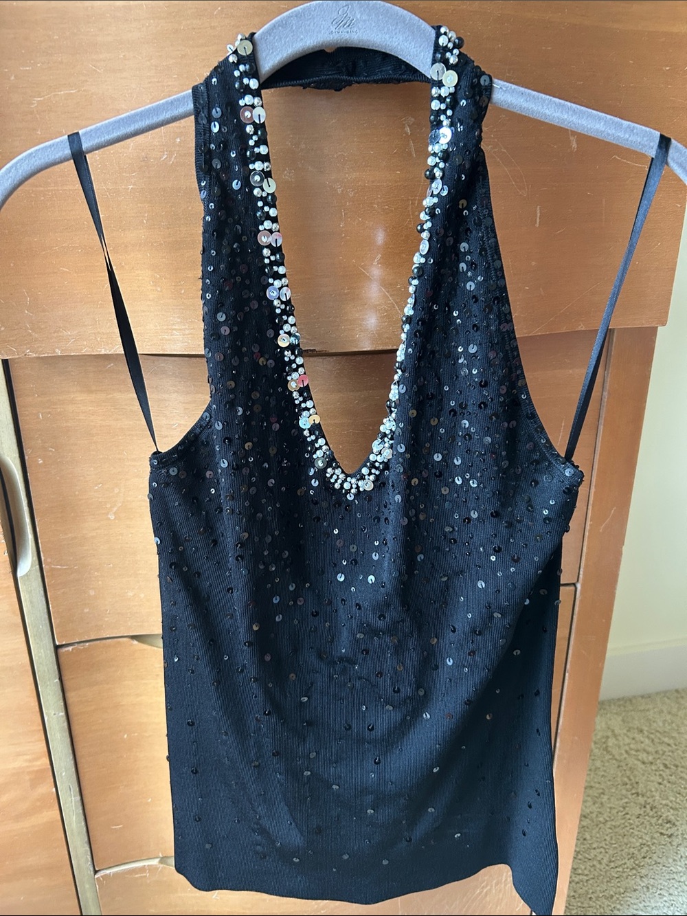 Black stretch Sequin Halter Party Dress with Beaded V-Neck